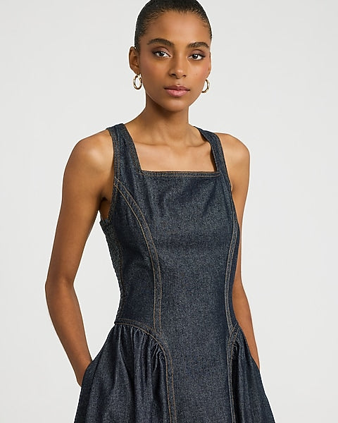 Stretch Denim Square Neck Drop Waist Midi Dress with Pockets - Dark Wash