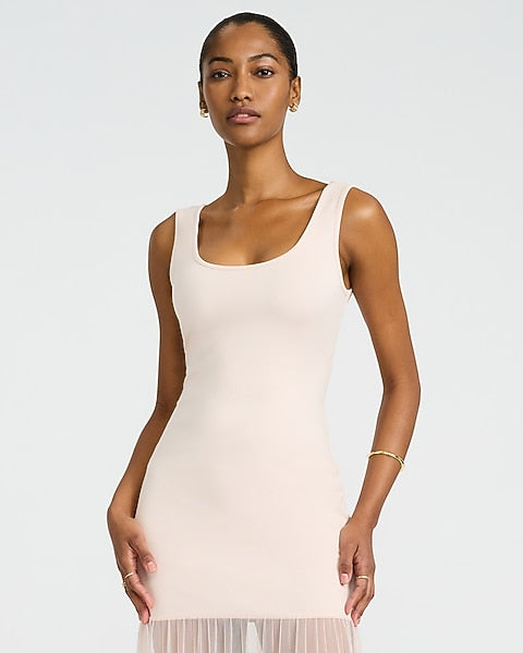 Mixed Media Scoop Neck Sleeveless Midi Sheath Dress - carnation red