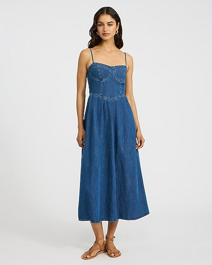 Denim Sweetheart Bustier Smocked Back Midi Fit and Flare Dress - Medium Wash
