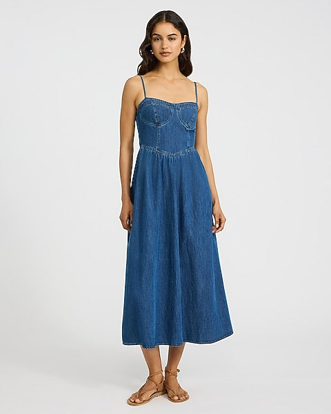 Denim Sweetheart Bustier Smocked Back Midi Fit and Flare Dress - Medium Wash