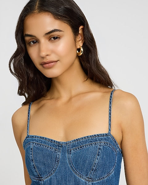 Denim Sweetheart Bustier Smocked Back Midi Fit and Flare Dress - Medium Wash