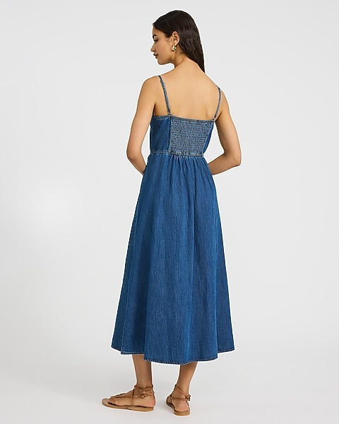 Denim Sweetheart Bustier Smocked Back Midi Fit and Flare Dress - Medium Wash
