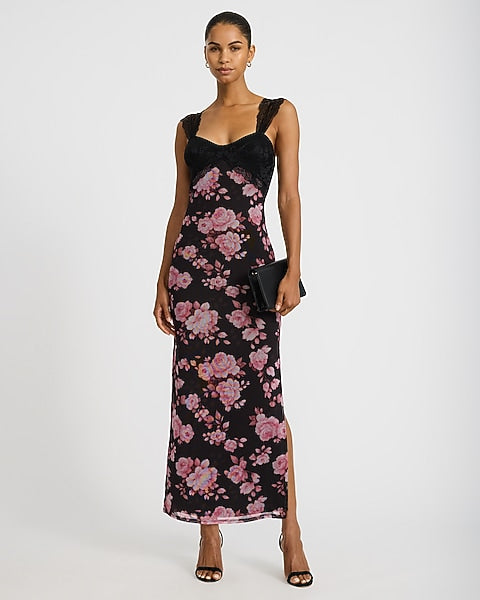 Mesh Printed Sweetheart Lace Pieced Maxi Dress