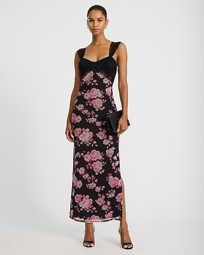 Mesh Printed Sweetheart Lace Pieced Maxi Dress
