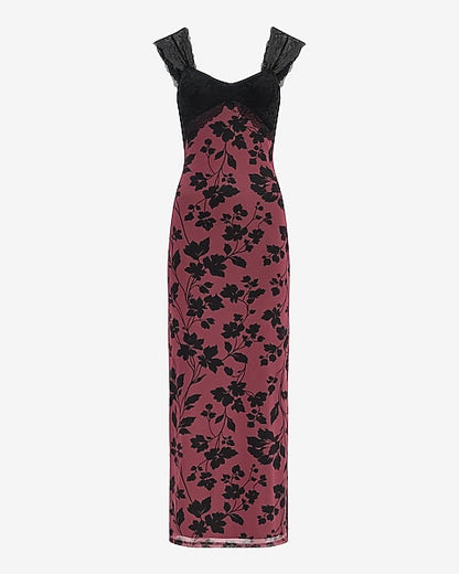 Mesh Printed Sweetheart Lace Pieced Maxi Dress