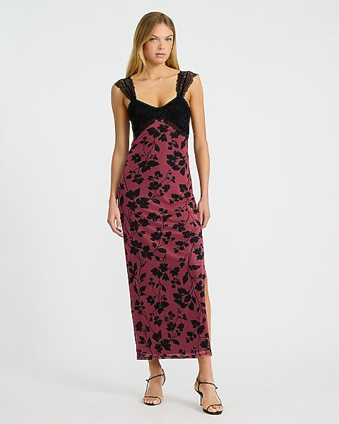 Mesh Printed Sweetheart Lace Pieced Maxi Dress