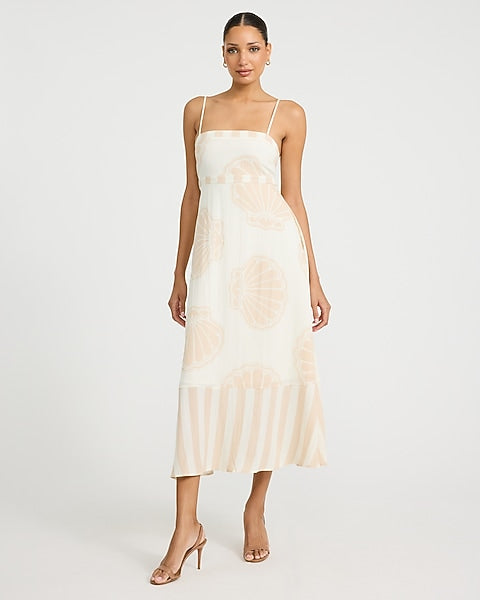 Printed Square Neck Smocked Back Midi Sheath Dress - Neutral Print