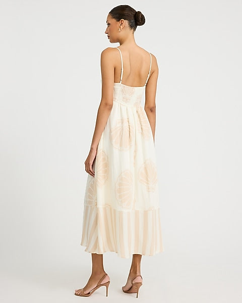 Printed Square Neck Smocked Back Midi Sheath Dress - Neutral Print