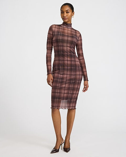 Plaid Mesh Mock Neck Long Sleeve Midi Sheath Dress - Brown Plaid