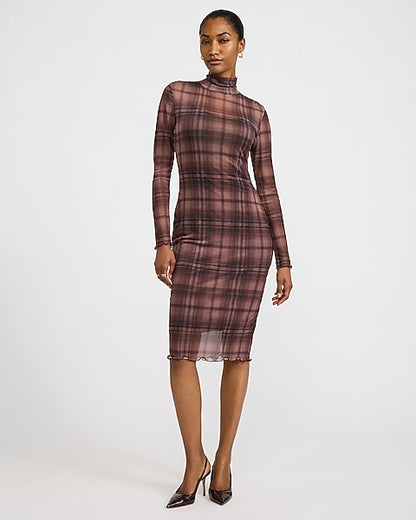 Plaid Mesh Mock Neck Long Sleeve Midi Sheath Dress - Brown Plaid