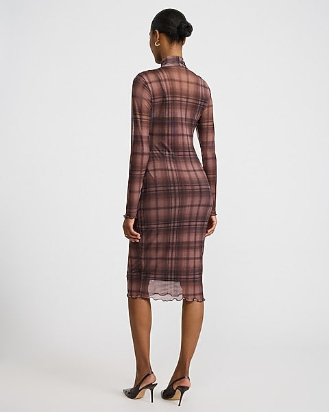 Plaid Mesh Mock Neck Long Sleeve Midi Sheath Dress - Brown Plaid