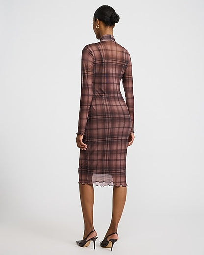Plaid Mesh Mock Neck Long Sleeve Midi Sheath Dress - Brown Plaid