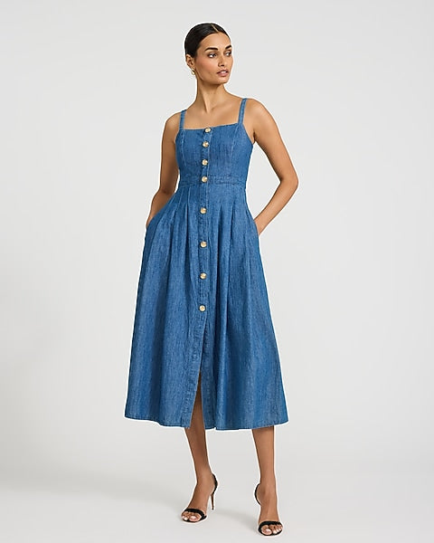 Denim Gold Button Front Midi Fit and Flare Dress with Pockets - Medium Wash