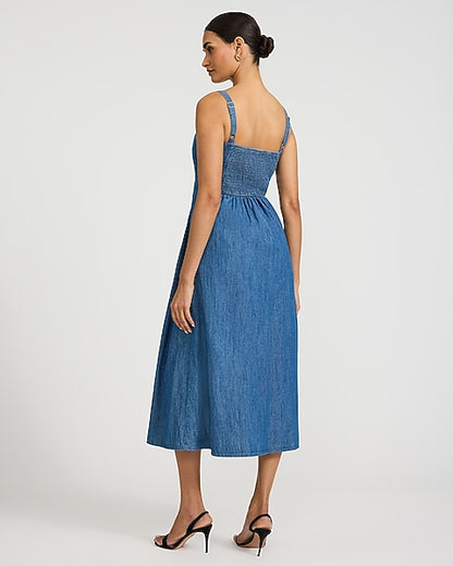 Denim Gold Button Front Midi Fit and Flare Dress with Pockets - Medium Wash