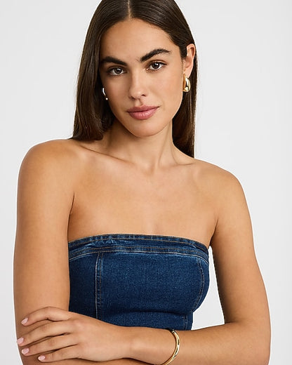 Stretch Denim Strapless Drop Waist Midi Tube Dress - Dark Wash