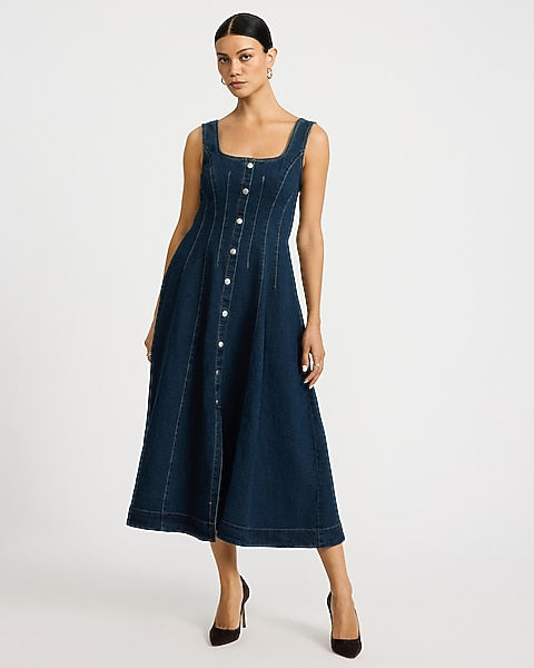 Denim Square Neck Button Front Seamed Maxi Dress - Dark Wash