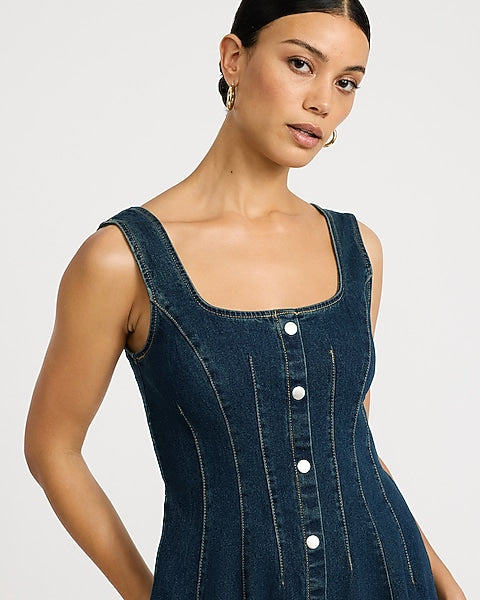 Denim Square Neck Button Front Seamed Maxi Dress - Dark Wash