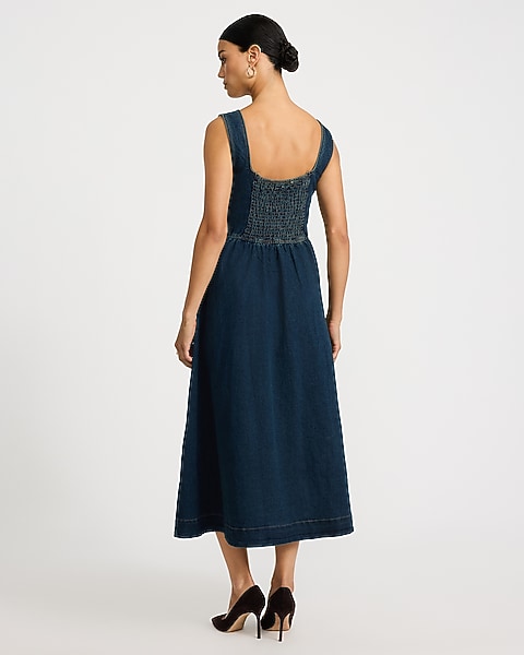 Denim Square Neck Button Front Seamed Maxi Dress - Dark Wash