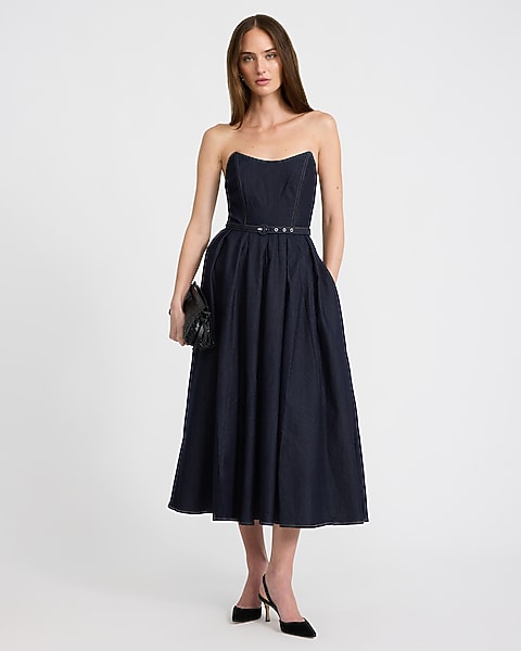 Stretch Denim Strapless Belted Midi Dress - Dark Denim