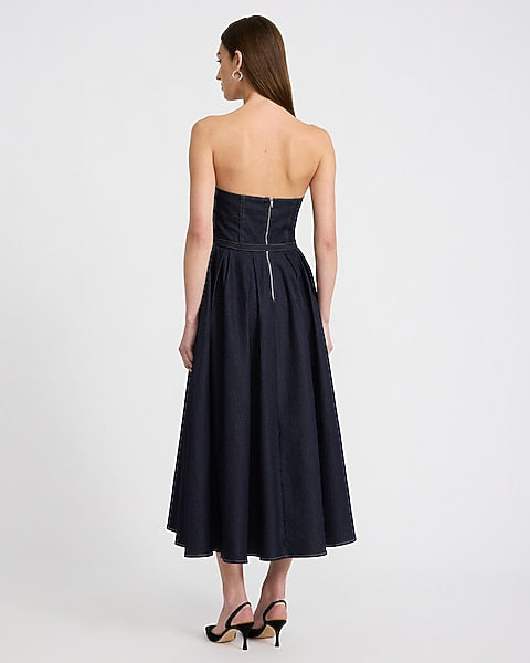 Stretch Denim Strapless Belted Midi Dress - Dark Denim