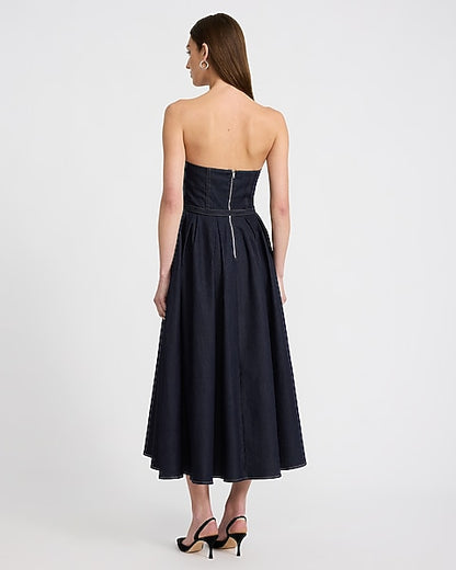Stretch Denim Strapless Belted Midi Dress - Dark Denim