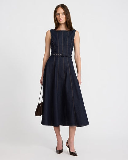 Stretch Denim Boat Neck Seamed Belted Midi Dress - Dark Denim