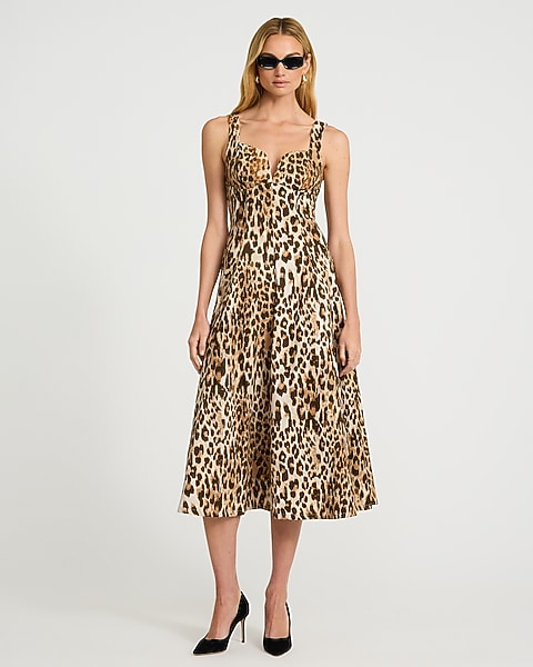 Leopard Stretch Denim Sweetheart Midi Dress - Leopard