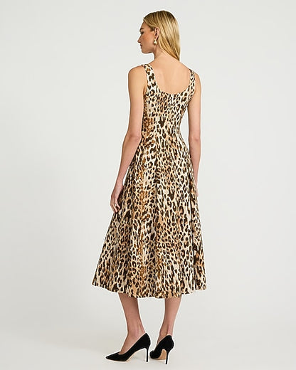Leopard Stretch Denim Sweetheart Midi Dress - Leopard